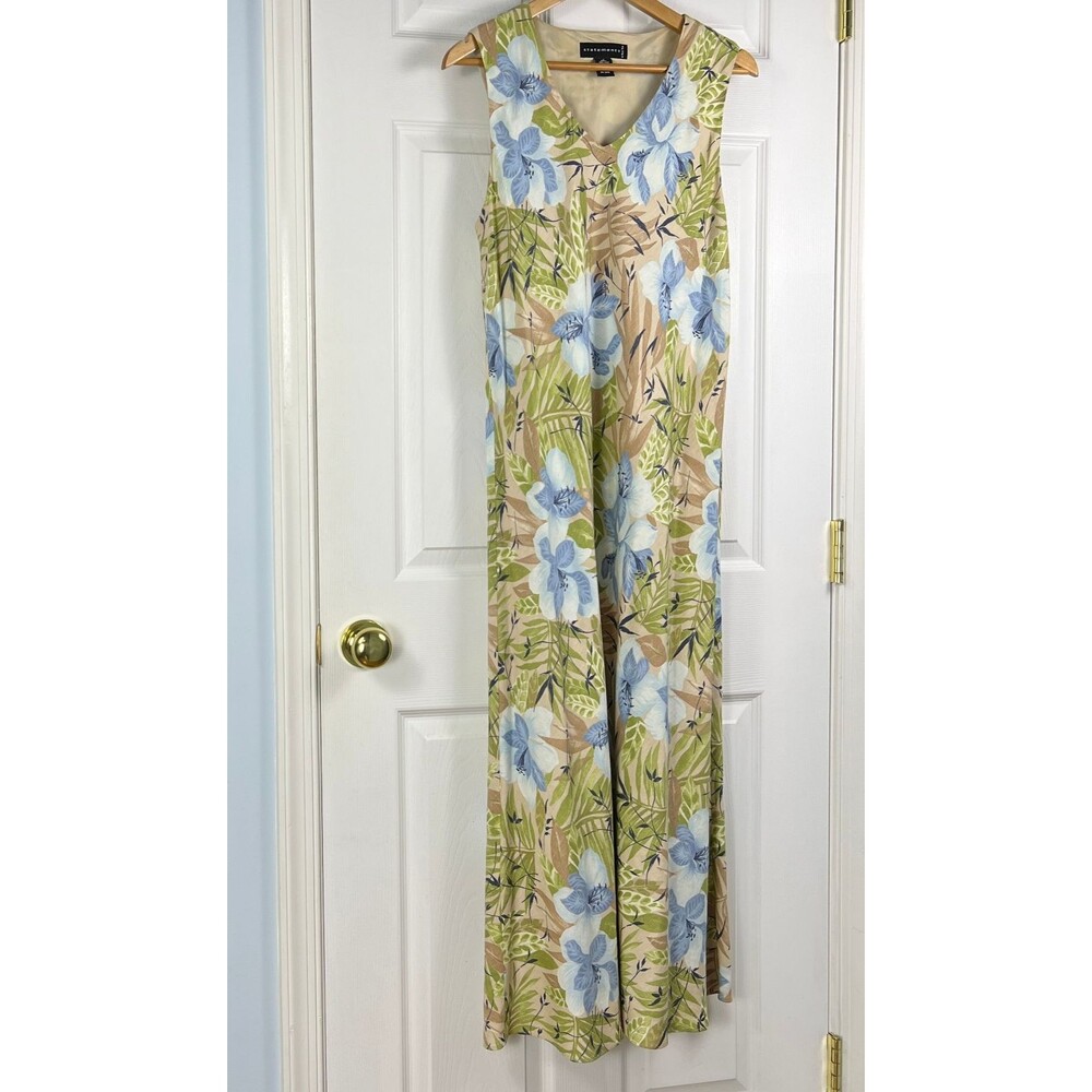 Statements Bon Ton Linen Blend Midi Dress Floral Print Tan Blue Green Size 16